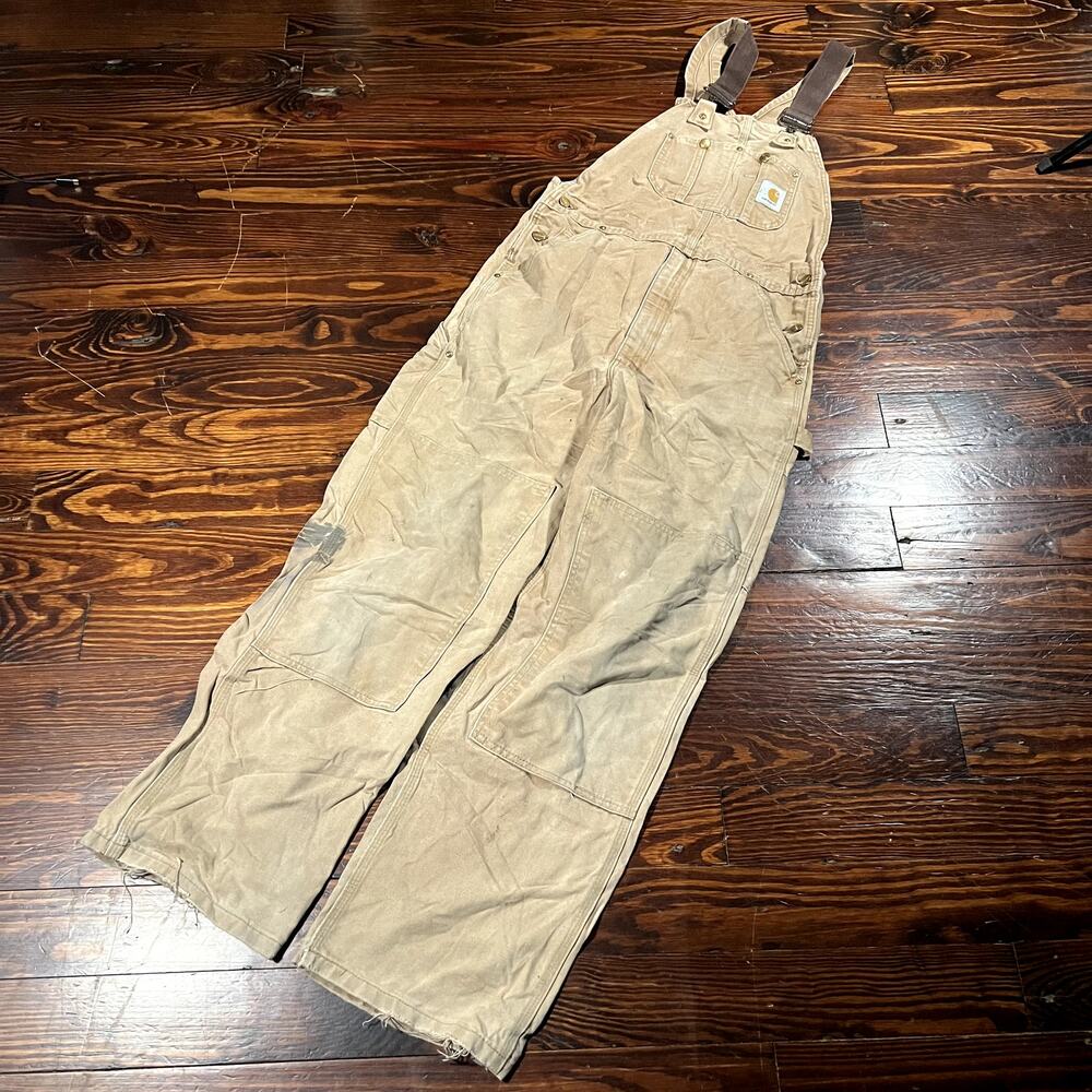 Carhartt Beige Duck Canvas Bib Overalls Double Knee Utility 90s